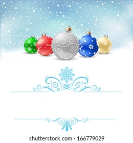 The multicolored christmas bauble and blue swirly pattern on the white background with text area