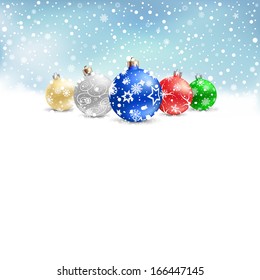 The multicolored christmas bauble and textarea on the blue mesh background