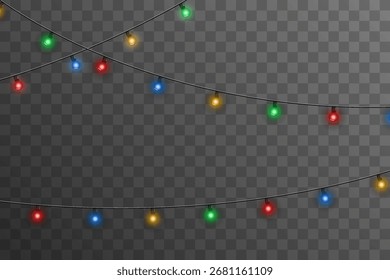 Multicolored Christmas light string isolated on transparent background. Vector festive decoration with glowing bulbs for New Year party, seasonal winter celebration, Xmas design, or holiday greeting c