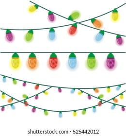 Multicolored Christmas lights illustrated on a white background 