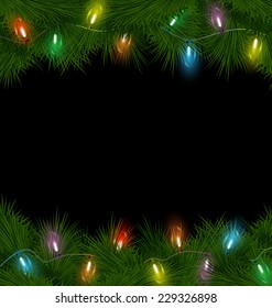 Multicolored Christmas lights on pine branches on black background