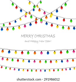 Multicolored Christmas lights on white background, illustration.