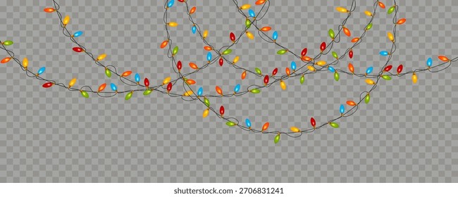 Luces de cadena de Navidad multicolores y guirnalda colgante de año nuevo sobre fondo a cuadros. Decoración festiva de vacaciones, recorte de PNG para tarjetas, Anuncios, superposición. Ilustración vectorial editable.