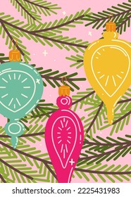 Multi-colored Christmas toys hang on the Christmas tree. Close-up illustration. The traditional process of decorating a Christmas tree. Vector illustration for postcards, banners and invitations.