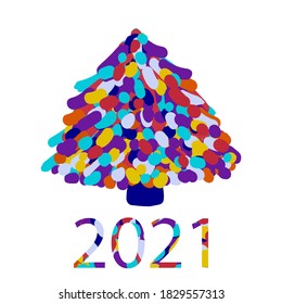 Multi-colored Christmas tree. 2021 new year. Stylized vector illustration. Greeting card, poster. New Year's decor and design