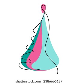 Multicolored Christmas Tree in style line art. Colorful vector linear hand-drawn illustration made in blue and pink colors on white background. One from the collection for Christmas