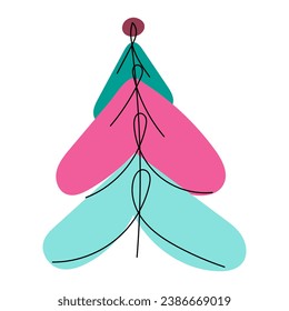 Multicolored Christmas Tree in style line art. Colorful vector linear hand-drawn illustration made in blue, red and pink colors on white background. One from the cute collection for Christmas