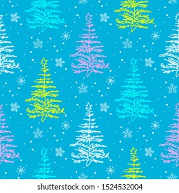 Multi-colored Christmas trees and snowflakes vector seamless pattern. Blue backgroundю