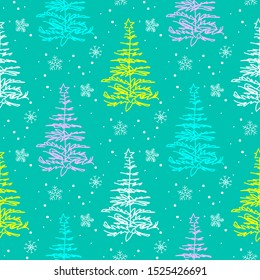 Multi-colored Christmas trees and snowflakes vector seamless pattern. Green background.