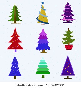 multicolored christmas trees vector set
