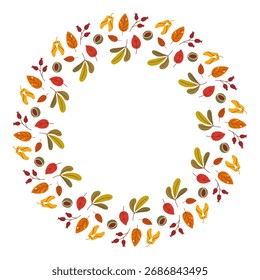 Multicolored circle falling frame with different leaves and space for text. Flat vector illustration. Seasonal decor. Design for branding, card, poster, menu, scrapbooking, invitation, cover