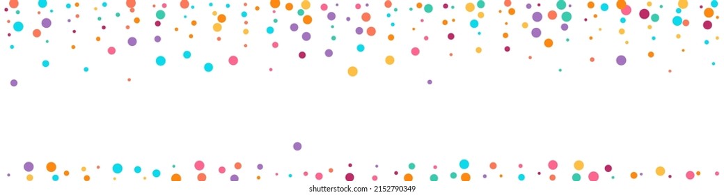 Multicolored Circle Flying Vector Panoramic White Background. Happy Dust Invitation. Independence Confetti Texture. Rainbow Polka Celebrate Wallpaper.