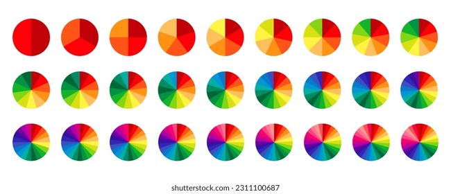 Multicolored circle sections collection. Pie charts diagrams in spectrum colors. Infographic round elements set. Pack of 2 to 28 slices and sectors. Process phases and stages of cycle. Vector 