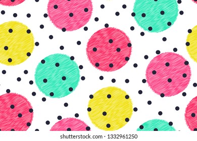 Multicolored circles and black dots on white background seamless geometric pattern. Abstract modern design with rounds. Hand-drawn texture. Vector illustration in bright colors.