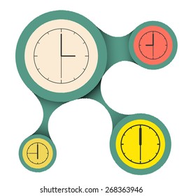 Multicolored circles connected together with clocks inside. Infographic template design