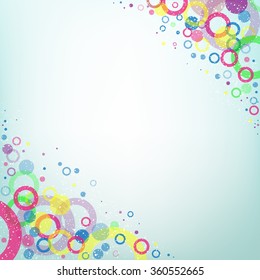 Multicolored circles on the corners on light blue mesh background with the area for the text in the center