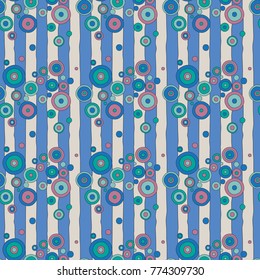 Multicolored circles on striped background. Abstract geometric seamless pattern.