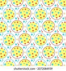 Multicolored circles on a white background. Cheerful vector pattern made up of yellow circles and paths.