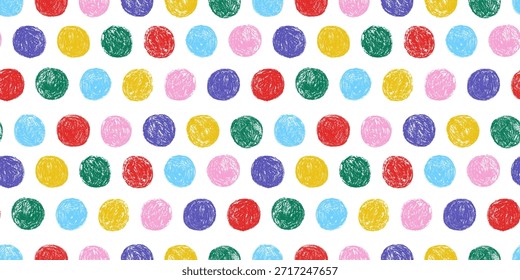 Multicolored circles, round shapes, hand drawn polka dot seamless pattern with wax crayon texture. Naive doodle vector illustration, funny childish geometric print on transparent background