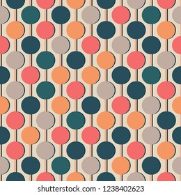 Multicolored circles with shadows on vertical guide lines. Seamless abstract pattern. Warm shades, simple shapes.