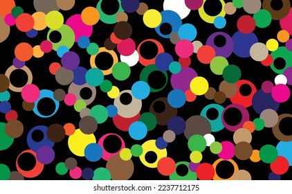 Multi-colored circles superimposed on a black background.