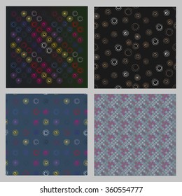 Multicolored circles uneven shapes on a black background  to decorate greeting cards, fabric backgrounds. Set seamless vector pattern.
