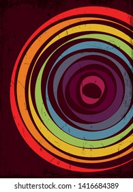 Multicolored Circles Vintage Background from the 1970s, 1980s. Grunge Texture Pattern, Retro Colors