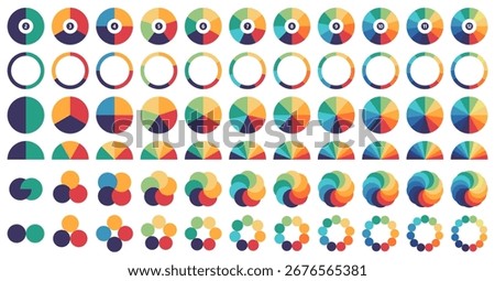 Multicolored circular diagrams. Segmented pie chart and donut infographic graphs, gauge layouts, overlapping and interconnected circles for data visualization and business presentation vector set.