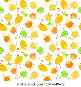  Multicolored citrus fruits in vector flat style and watercolor spots on a white background. illustration