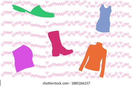 multicolored clothes on a background of pink hearts in the form of strings