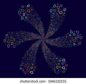 Multicolored Cloud rotation fireworks on a dark background. Hypnotic burst designed from random cloud objects.