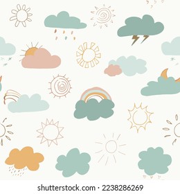 multicolored clouds stars sequins seamless pattern. Cute clouds seamless pattern, cartoon background with star dots, vector illustration