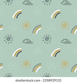 las estrellas de las nubes multicolores se suceden en un patrón ininterrumpido. Patrón transparente de las nubes, fondo de dibujos animados con puntos estrella, ilustración vectorial
