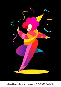 Multi-colored clown on a black background. Bright simple illustration. Birthday concept.