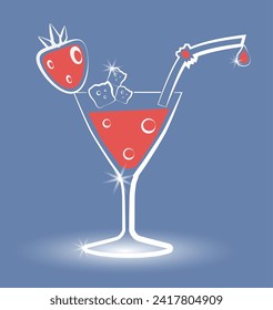 Multi-colored cocktail with strawberries outlined in white on a colored background. Vector illustration.eps