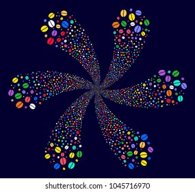 Multicolored Coffee Bean curl abstract flower on a dark background. Psychedelic cycle combined from scattered coffee bean symbols.