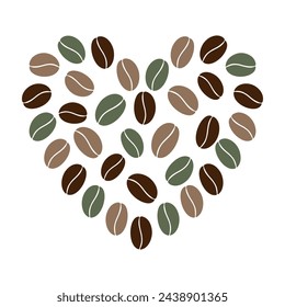 Multicolored coffee beans in heart shape in trendy brown and green. Greetings or card design concept