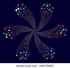 Multicolored Coffee Cup curl burst on a dark background. Hypnotic twist created from scattered coffee cup items.