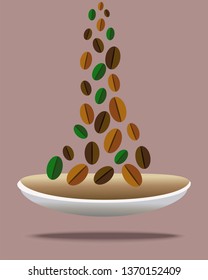 multicolored coffee grains that fall into a flying cup
