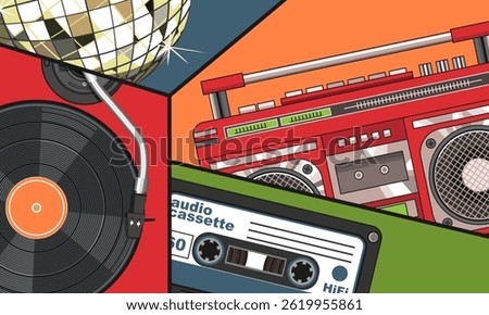 Multicolored collage in 80s style with chaotically placed iconic objects - cassette tape recorder, audio cassette, vinyl record and disco ball. Vector illustration