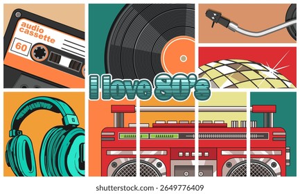 Colagem multicolorida sobre tecnologias de reprodução de som dos anos 80 e a inscrição - eu amo os anos 80. Ilustração vetorial
