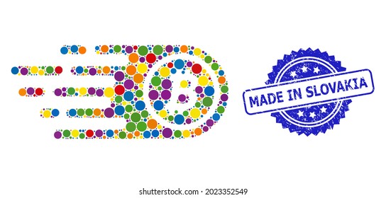 Bitcoin multicolor de collage y sello sucio de rosette hecho en Eslovaquia. Sello de sello azul ha hecho en Eslovaquia la leyenda dentro de la roseta. Los elementos de círculo vectorial se unen en un icono de bitcoin de collage abstracto.