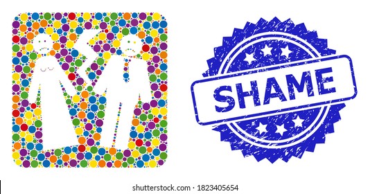 Multicolored collage broken wedding, and Shame rubber rosette stamp seal. Blue stamp seal contains Shame text inside rosette. Vector circle items are arranged into abstract mosaic broken wedding icon.