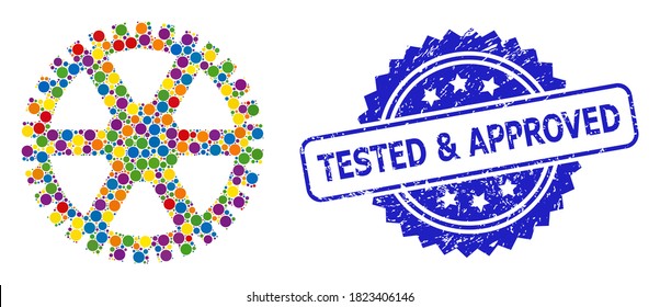Rueda de reloj multicolor y sello de rosette de goma probada y aprobada. El sello de sello azul contiene la leyenda probada y aprobada en rosette.