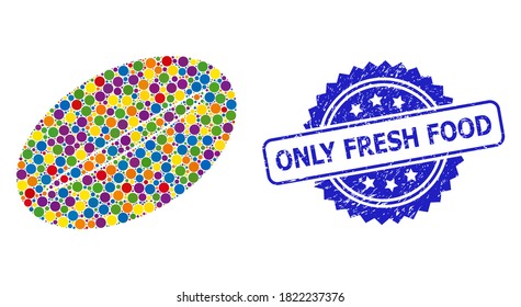 Multicolored collage coffee bean, and Only Fresh Food scratched rosette seal. Blue seal includes Only Fresh Food title inside rosette.
