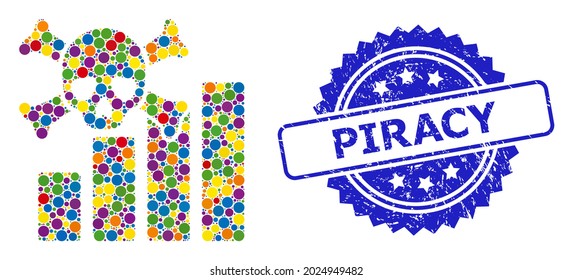 Multicolored collage death chart, and Piracy scratched rosette stamp seal. Blue stamp seal contains Piracy title inside rosette. Vector spheric dots are composed into abstract mosaic death chart icon.