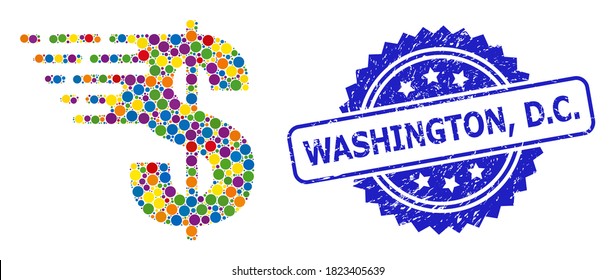 Dólar multicolor y sello de rosette de goma de Washington, D.C. El sello azul contiene la leyenda de Washington, D.C. dentro de la roseta.