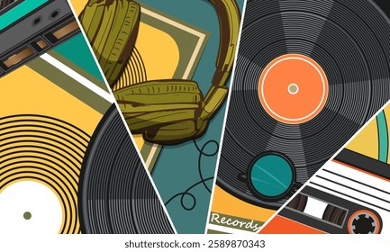 Multicolored collage with elements of 80s-90s culture. Vinyl records, audio cassettes, studio headphones and more. Vector illustration