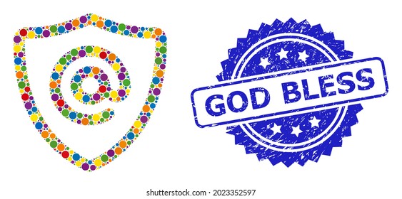 Multicolored collage email address protection, and God Bless dirty rosette stamp seal. Blue stamp seal includes God Bless tag inside rosette.