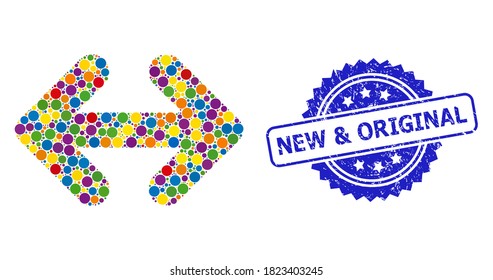 Multicolored collage exchange arrows horizontally, and New & Original corroded rosette seal. Blue stamp seal contains New & Original title inside rosette.